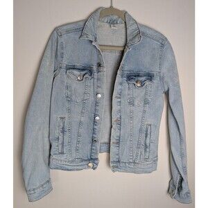 H&M &Denim Women's Jacket Light Wash Distressed Front Double Pocket Button Sz 8